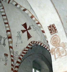 Rakentajamaalaukset Wall Paintings, Maaria Church, Turku, Finland. 1440s-1450s. Figures Include a monk, a devil and a cross.